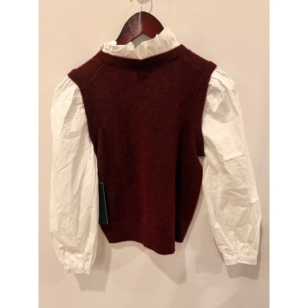 Tuckernuck Winetasting Burgundy Knit Vest Mixed Media Puff Sleeve Top XS NEW